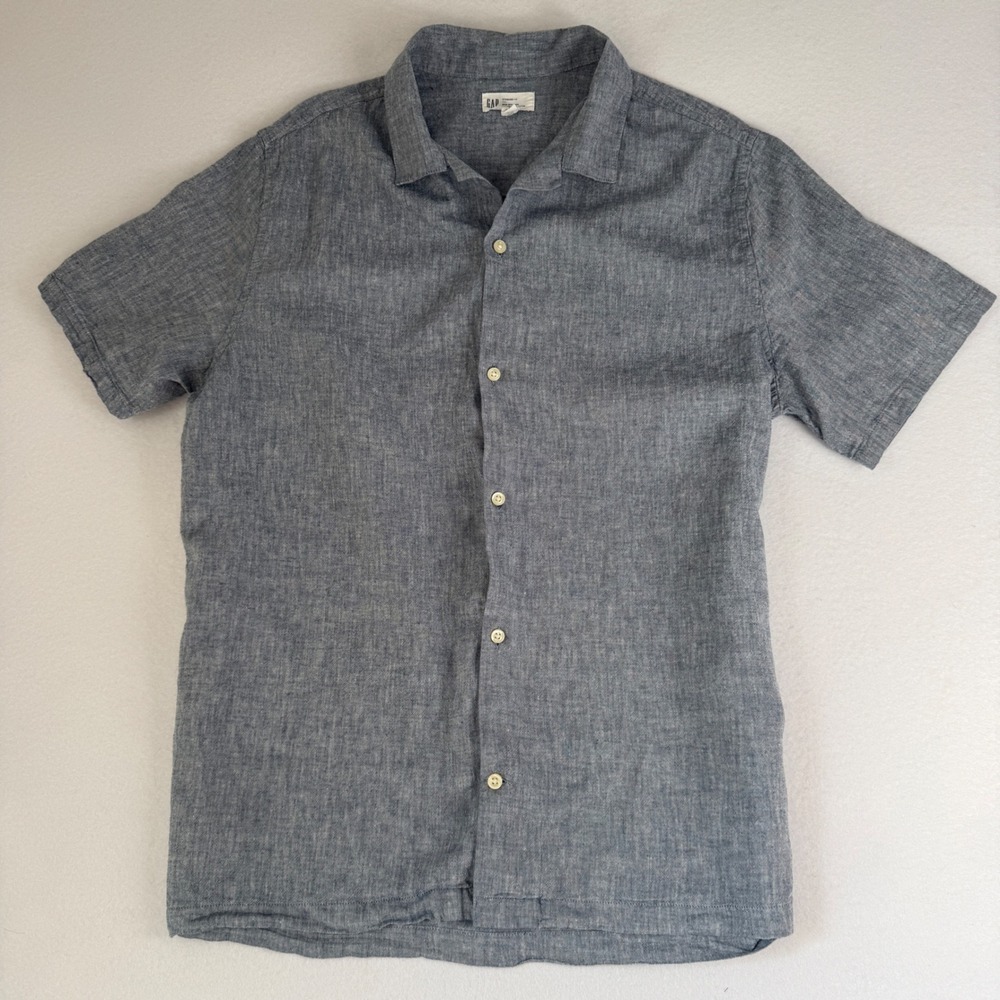 GAP Men L Blue Linen Cotton Blend Short Sleeve Button Down Shirt Standard Fit